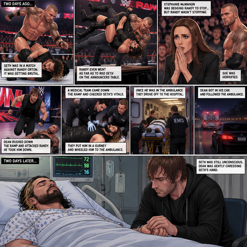 It’s the year 2015,We’re in a hospital. Seth Rollins was lying in a hospital bed unconscious. Dean Ambrose was sitting by his side and holding his hand. (What happened to Seth you ask? Well…let’s rewind to two days ago). Seth was in a match against Randy Orton. It was getting brutal. Randy was beating the heck out of Seth. Stephanie McMahon was begging Randy to stop…but Randy wasn’t stopping. He even went as far as to Rko Seth on the announcers table. Stephanie was horrified. Seth was out cold. Then Dean rushed down the ramp and attacked Randy. He took him down. A medical team came down the ramp and checked Seth’s vitals. They put him in a gurney and wheeled him to the ambulance. Once he was in the ambulance they drove off to the hospital. Dean got in his car and followed the ambulance. (Now back to two days later). Seth was still unconscious. Dean was gently caressing Seth’s hand