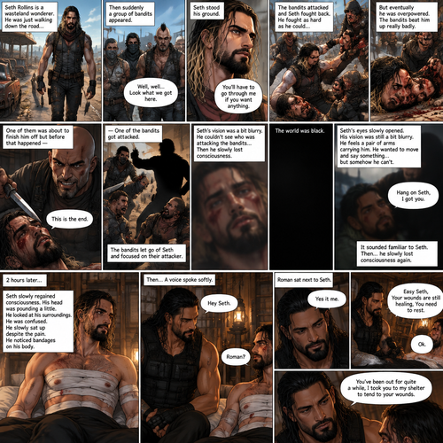 (Recap).Seth Rollins is a wasteland wonderer,He was just walking down the road,Then suddenly A group of bandits appeared,Seth stood his ground,Then the bandits attacked and Seth fought back,He fought back as hard as he could,but eventually he was overpowered,The bandits beat him up really badly,One of them was about to finish him off but before that happened One of the bandits got attacked,The bandits let go of the weakened and Injured Seth and focused on their attacker,Seth’s vision was a bit blurry,he couldn’t see who was attacking the bandits,then he slowly lost consciousness. (And now part 2). The world was black. Seth’s eyes slowly opened,His vision was still a bit blurry. He feels a pair of arms carrying him. He wanted to move and say something…but somehow he can’t. Then he heard a faint voice saying “Hang on Seth,I got you”. It sounded familiar to Seth. Then…Seth slowly lost consciousness again. 2 hours later,Seth slowly regained consciousness. His head was pounding a little. He looked at his surroundings. He was confused. He slowly sat up despite the pain. He noticed bandages on his body,Then….A voice spoke softly “Hey Seth”. He recognized that voice…it was Roman Reigns. Seth looked up. “Roman?” Seth asked softly. Roman Sat next to Seth. “Yes it me” Roman said softly. Seth tried to get up but Roman stopped him. “Easy Seth,Your wounds are still healing,You need to rest” said Roman. “Ok” Seth said softly. “You’ve been out for quite a while,I took you to my shelter to tend to your wounds” Roman said softly