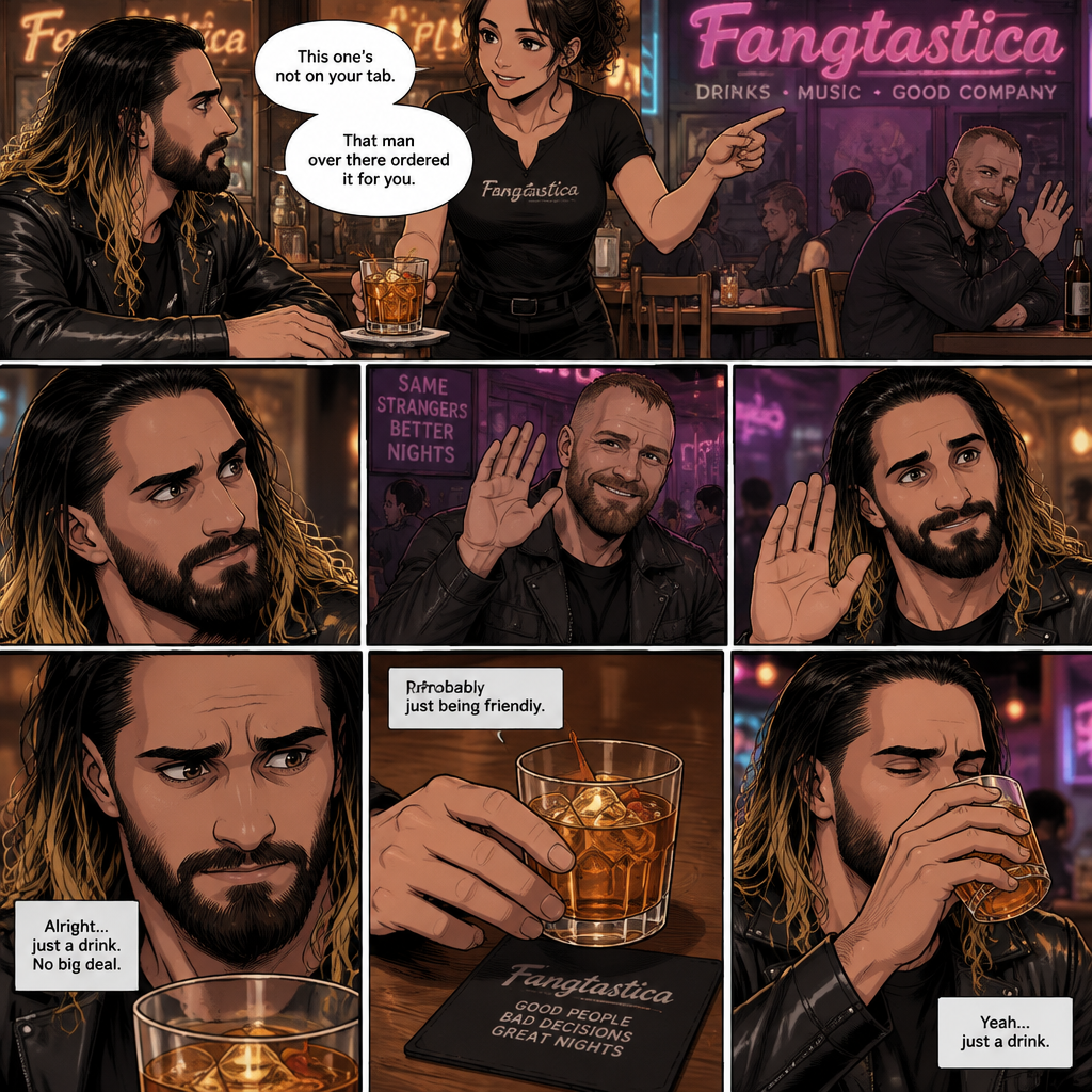 (Previously) Seth Rollins and his friends Finn Bálor,Solo Sikoa and LA knight arrived at a bar called “Fangtastica”,LA knight went to a pool table,Solo got approached by a young woman who invited him to dance with her,he accepted and got on the dance floor with her,Finn went to the men’s bathroom only to find that the line for it was too long and he was not happy about it,Seth sat alone at a bar table,A server gave him a drink he didn’t order for,The server pointed at a stranger (Jon Moxley) and told Seth that he ordered the drink for him. (And now part 2). Seth looked at the stranger. The stranger smiled and waved at Seth. Seth nervously waved back,He looked back at the drink…and took a sip