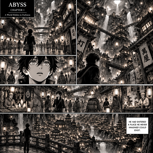 .”ABYSS — CHAPTER 1

Page 4: A World Hidden in Darkness

Sora Amamiya — Character Appearance: A 17-year-old boy, 178 cm tall, with a slim athletic build, messy layered jet-black hair with sharp irregular spikes and uneven bangs, sharp light-grey eyes with dark pupils, and a youthful defined face. He wears a fitted black high-collar jacket with silver buttons over a dark shirt, black trousers, a black belt with a rectangular silver buckle, black lace-up combat boots, and white bandages wrapped around both wrists and partially over both hands. His dark travel bag hangs at his side.

Panel 1 — Entering the Streets

A cinematic wide shot from behind Sora as he slowly walks down the village’s ancient stone-paved main street. Tall wooden buildings rise on both sides, their upper floors connected by elegant bridges. Hundreds of warm lanterns illuminate carved wooden balconies, tiled rooftops, hanging signs, and narrow side streets. Enormous jagged cliffs tower above the village, disappearing into drifting mist. Sora looks tiny beneath this incredible landscape.

Panel 2 — The World Above Him

A dramatic upward view from street level. Towering multi-storey buildings cling to the rocky cliffs, with wooden balconies, glowing windows, winding staircases, and suspended walkways stretching between structures. Waterfalls descend from openings high in the cliffs, sparkling as they pass behind the buildings. Lanterns float gently through the mist. Sora is visible at the bottom of the panel, staring upward in disbelief.

Panel 3 — Lost in Wonder

A detailed close-up of Sora’s face as he walks slowly through the crowded street. His light-grey eyes are wide with astonishment, his mouth slightly open, and his messy black hair frames his stunned expression. Warm lantern light reflects in his eyes. Behind him, the village blurs into beautiful layers of glowing windows, wooden architecture, and passing silhouettes.

Panel 4 — The Living Village

A sweeping panoramic view of the bustling street. Villagers in varied traditional fantasy clothing walk between wooden shops and small market stalls. Merchants display mysterious trinkets, colorful fabrics, handmade objects, and glowing ornaments. Steam rises from food stalls, lanterns illuminate the cobblestones, and wooden bridges cross overhead. Sora walks among the villagers, silently looking from one extraordinary sight to another.

Panel 5 — The Endless City

A breathtaking high-angle view revealing the full scale of the settlement. Countless houses, towers, shrines, markets, and bridges spread across the enormous cavern, climbing the cliffs as far as the eye can see. Waterfalls plunge into a winding river far below. Thousands of tiny lanterns create a river of golden light through the darkness. Sora stands on a stone bridge in the foreground, motionless as he takes in the impossible sight.

Narration: “He had entered a place he never imagined could exist.”


