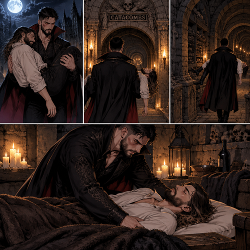 (Vampire Finn Bálor x Reincarnated Seth Rollins part 2) The Person was still walking in the night with the unconscious Seth in his arms. He walked to the catacombs,He entered the catacombs. He puts Seth on a makeshift bed