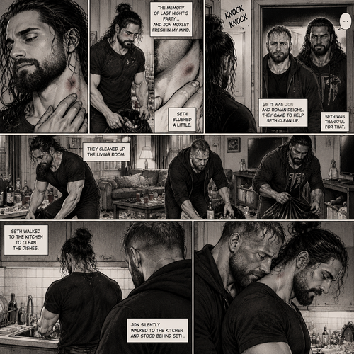 (Part 2) Seth Rollins was cleaning up the mess after last night’s party in his house. His fingers traced on one of the hickeys on his neck. The memory of last night’s party…and Jon Moxley Fresh in his mind. Seth blushed a little,Then there was a knock on the door. Seth walked to the door and answered it,It was Jon and Roman Reigns. They came to help Seth clean up. Seth was thankful for that. They cleaned up the living room. Seth walked to the kitchen to clean the dishes. Jon silently walked to the kitchen and stood behind Seth