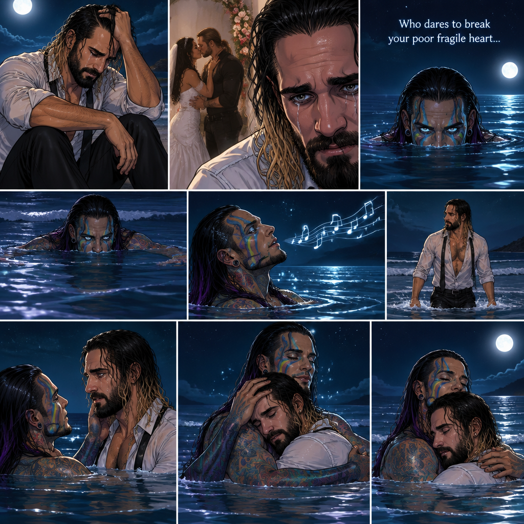 Seth Rollins was on a beach alone at night crying. He was about to be married today….but he caught the bride cheating on him with his best friend. He’s lost in thought about what to do,Little did he know…..A siren (Jeff Hardy) was watching him in the water. “Who dares to break your poor fragile heart” the siren said to himself. The siren quietly swam closer. Seth was still crying. Then the siren started singing the siren’s lullaby to try to Soothe Seth. Seth heard it,He noticed. He walked closer till half of his body was in the water. The siren gently pulled Seth into a hug while he was still singing. Seth slowly relaxed in the siren’s embrace