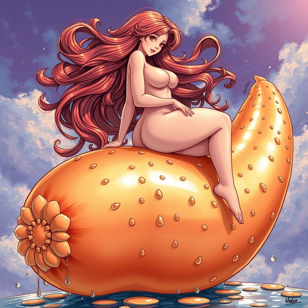 A beautiful busty naked woman. Riding a giant wet sausage. Realistic.