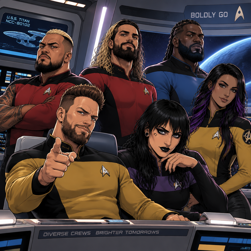 LA Knight,Solo Sikoa,Seth Rollins,Oba Femi,Rhea Ripley and Ari Stone (My wrestler oc) in Star Trek