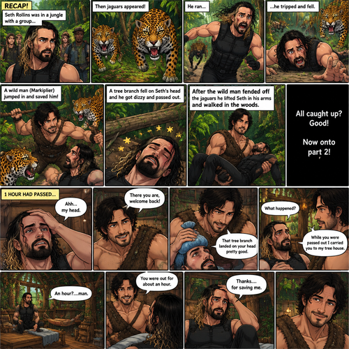(Recap!) Seth Rollins was in a jungle with a group,Then jaguars appeared,he ran,he tripped and fell. A wild man (Markiplier) jumped in and saved him,A tree branch fell on Seth’s head and he got dizzy and passed out. After the wild man fended off the jaguars he lifted Seth in his arms and walked in the woods. (All caught up? Good! Now onto part 2!). 1 hour had passed,Seth slowly regained consciousness. The wild man was looking down at Him. “There you are,welcome back!” Said the wild man. Seth Groaned and put his hand on his head. “Ahh,my head” said Seth. “That tree branch landed on your head pretty good” said the wild man. He gently puts ice on Seth’s head. “What happened?” Asked Seth. “While you were passed out I carried you to my tree house” said the wild man. Seth looked at his surroundings,he was indeed in the wild man’s treehouse. “You were out for about an hour” said the wild man. “An hour?….man” said Seth. Seth slowly sat up. “Thanks….for saving me” said Seth