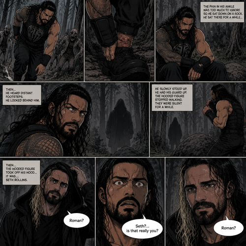 Roman Reigns is in a zombie apocalypse,He walking in the woods. He hurt his ankle while running away from a zombie horde. He’s far away from them and limping in the woods. The pain in his ankle was too much to ignore so he sat down on a rock,he sat there for a while….then….he heard distant footsteps. He looked behind him. There’s a hooded figure in the distance. He slowly stood up,he had his guard up. The hooded figure stopped walking. They were silent for a while. Then….the hooded figure took off his hood…it was….Seth Rollins. “Roman?” Said Seth. Roman’s eyes widened. “Seth?…is that really you?” Roman asked