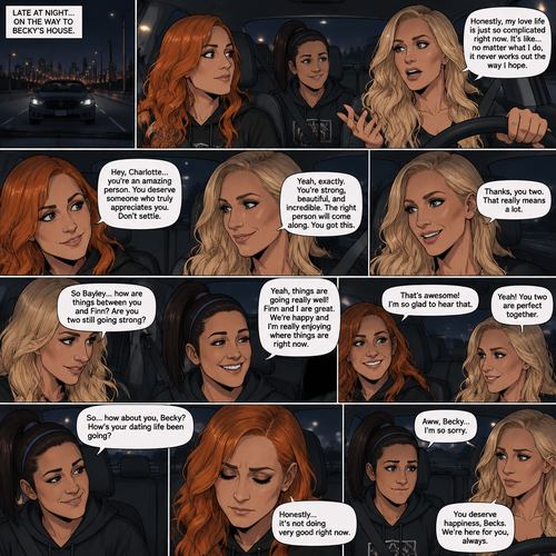 It was late at night,Becky Lynch Was in a car with Charlotte Flair and Bayley. They were driving to Becky’s house. Charlotte was talking about her complicated love life. Becky and Bayley were giving her words of comfort and support. Charlotte then asked Bayley how things were between her and Finn Bálor (They’re dating in this story). Bayley said things were going very well between the two of them. Becky and Charlotte were both happy to hear that. Bayley then looked at Becky and asked How HER dating life had been. Becky got a sad look on her face as she admitted that her dating life wasn’t doing very good 