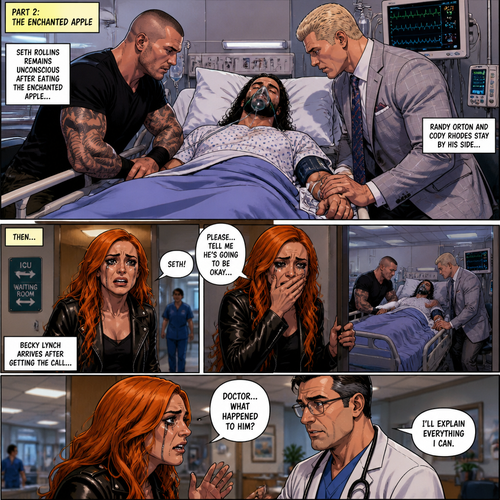 Part 2 of the enchanted apple story.Seth Rollins is now at the hospital Still unconscious after eating the enchanted apple with Randy Orton and Cody Rhodes by his side.Then Becky Lynch showed up after getting the call about Seth being in the hospital,She was in tears.She asked the doctor what happened to him