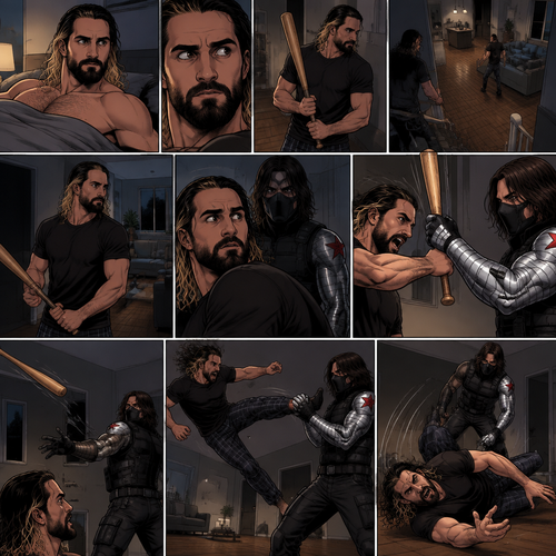 Seth Rollins was in his house about to go to bed…then he heard a noise downstairs. He grabbed a bat and went downstairs to investigate. He looked around,He sees nothing….at first…then he sensed a presence behind him. He swung the bat at the intruder…But the intruder grabbed it….with his metal arm. That’s right…it’s the winter soldier. He threw Seth’s bat away. Seth tried to ninja kick the winter soldier…but he grabbed his ankle and threw him on the ground