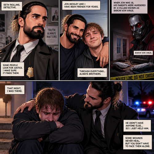 Seth Rollins is a detective. He and Jon Moxley had been friends for years. When Jon was 18 years old His parents were murdered by a villain known as Baron Von Virus. Seth comforted him that night