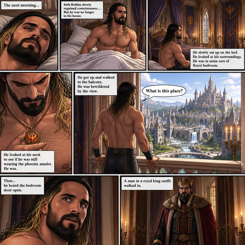 Part 2 of the phoenix story.The next morning,Seth Rollins slowly regained consciousness….But he was no longer in his house,He slowly sat up on the bed.He looked at his surroundings,He was in some sort of Royal bedroom.He looked at his neck to see if he was still wearing the phoenix amulet,He was.He got up and walked to the balcony,He was bewildered by the view. “What is this place?” Seth asked himself.Then…he heard the bedroom door open,A man in a royal king outfit walked in