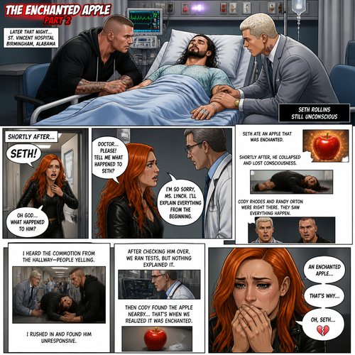 Part 2 of the enchanted apple story.Seth Rollins is now at the hospital Still unconscious after eating the enchanted apple with Randy Orton and Cody Rhodes by his side.Then Becky Lynch showed up after getting the call about Seth being in the hospital,She was in tears.She asked the doctor what happened to him.The doctor tells her what happened from the Apple,To Seth falling unconscious,To Cody and Randy witnessing it,To the doctor hearing the commotion,To Cody discovering the apple was enchanted