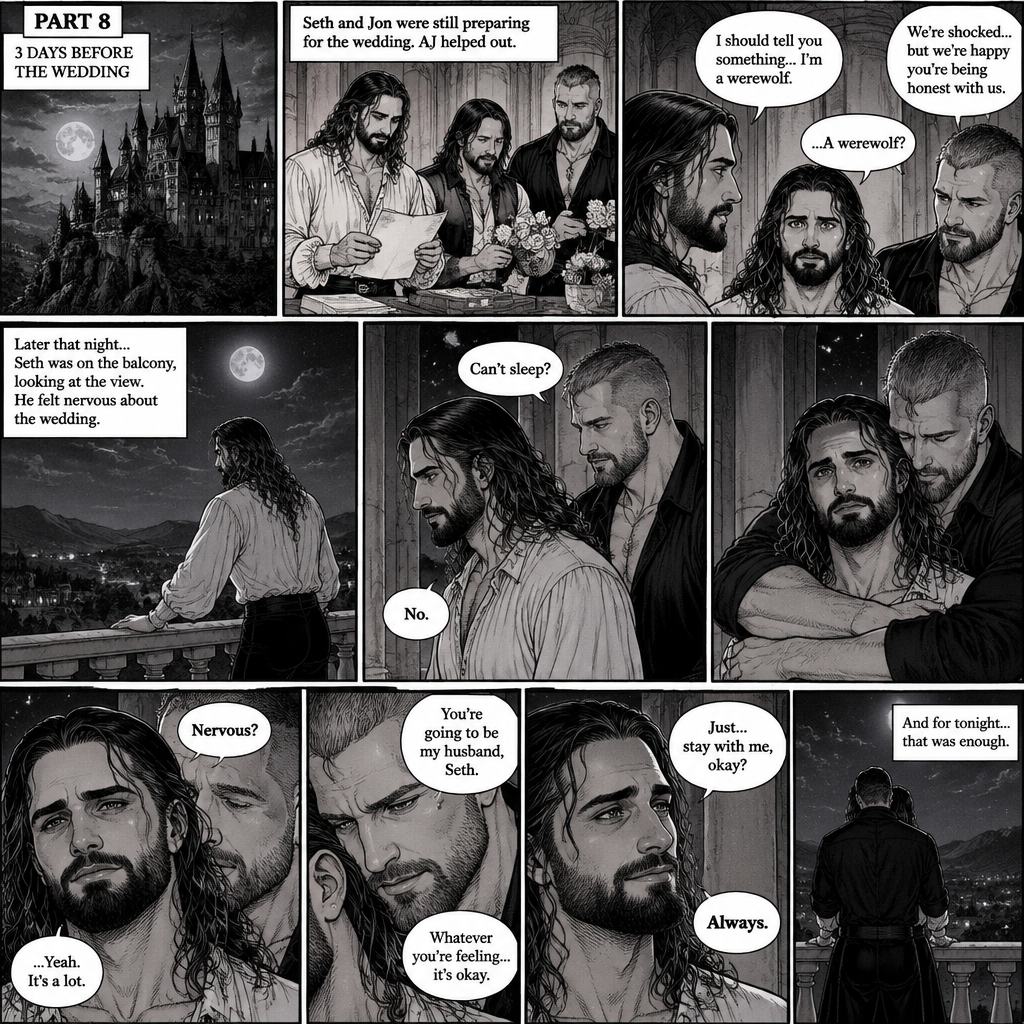 (Recap) Seth Rollins (The vampire hunter turned Bride of the Vampire king) was almost kidnapped by A mysterious figure (AJ Styles),Jon Moxley (Vampire King) Saved Seth,The man took off the hood and revealed he’s Seth’s brother,Seth was stunned. “What?” Seth asked,”I’m your brother” said Aj,Seth shook his head a little,”I don’t believe you” Said Seth,”I know this is a lot to process,but it’s true” said Aj,Jon gently pulled Seth to his side,”How do we know you’re telling the truth?” Jon asked cautiously,Aj shows his birthmark,It’s the shape of a crescent moon…just like Seth’s. Seth was stunned,All this time he thought he was the only one with that birthmark’”A-Are you really my brother?” Seth asked,”Yes Seth…I am” said Aj,”I have been searching for you…all these years” Aj paused,Tears welling up in his eyes,”And I finally found you” Aj continued,Seth didn’t know what to say,Neither did Jon,”I’ve never forgotten about you,little brother” Said Aj,Something flashed in Seth’s mind,it was a memory of himself and Aj when they were little,Aj (as a kid) had promised Seth he would never forget him,The flashback ends,Tears welled up in Seth’s eyes,Seth and Aj hugged each other,Jon just watched. (And now part 8). 3 days before the wedding,Seth and Jon were still preparing. Aj helped out. The night before Aj had told Jon and Seth that he’s a werewolf. Seth and Jon were shocked but were happy that Aj was being honest with them. Seth was on the balcony Looking at the view and Looking nervous about the wedding. Jon appeared behind him checking in on him. “Can’t sleep?” Jon asked. “No” Said Seth. Jon wrapped his arms around him