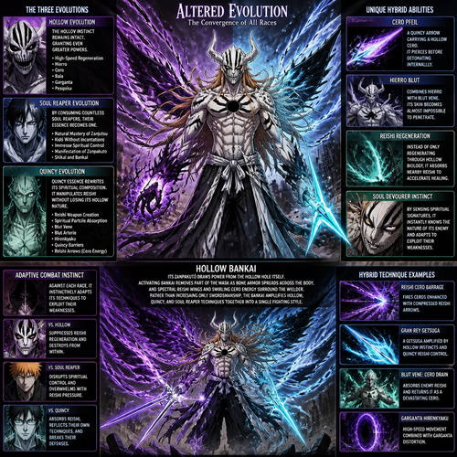 Altered Evolution

Instead of becoming purely a king among Hollows, this Vasto Lorde absorbed the essence of all three races.

Hollow Evolution

Still grants:

* High-Speed Regeneration
* Hierro
* Cero
* Bala
* Garganta
* Pesquisa

These abilities are now stronger because Hollow instincts remain intact.

⸻

Soul Reaper Evolution

By consuming countless Soul Reapers, fragments of their souls merged into its own.

This grants:

* Natural mastery of Zanjutsu.
* Kidō-like techniques without incantations.
* Immense spiritual control.
* The ability to manifest a unique Zanpakutō.
* Shikai and eventually Bankai.

⸻

Quincy Evolution

Consuming Quincies permanently altered its spiritual composition.

Instead of destroying souls like ordinary Quincies, it manipulates Reishi while still retaining Hollow powers.

It gains:

* Reishi weapon creation.
* Spiritual particle absorption.
* Blut Vene.
* Blut Arterie.
* Hirenkyaku.
* Quincy barriers.
* Reishi arrows made from compressed Cero energy.

⸻

Unique Hybrid Abilities

Cero Pfeil

A Quincy arrow carrying a Hollow Cero.

Instead of exploding immediately, it pierces the target before detonating internally.

⸻

Hierro Blut

Combines Hierro with Blut Vene.

Its skin becomes almost impossible to penetrate.

⸻

Reishi Regeneration

Instead of only regenerating through Hollow biology, it absorbs nearby Reishi to accelerate healing.

⸻

Hollow Bankai

Its Zanpakutō draws power from the Hollow Hole itself.

Activating Bankai partially removes the mask as bone armor spreads across the body, while spectral Reishi wings and swirling Cero energy surround the wielder. Rather than increasing only swordsmanship, the Bankai amplifies Hollow, Quincy, and Soul Reaper techniques together into a single fighting style.

⸻

Soul Devourer Instinct

By sensing spiritual signatures, it immediately knows whether an opponent is primarily Hollow, Quincy, or Soul Reaper.

Against each race, it instinctively adapts its techniques to exploit their weaknesses

Fine lines with detail