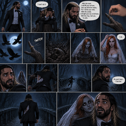 (Part 1 of the corpse bride,Seth x Becky style). Seth Rollins was walking in the woods alone at night after running away from a wedding rehearsal. After a while He sat at a tree stump,he puts his head in his hands. “I can’t do it” Seth said to himself. He took a deep breath. He began practicing his vows,”With this hand,I will lift your sorrows,Your cup will never empty,For I will be your wine,With this candle,I will light your way in darkness,With this ring,I ask you…To mine”. He puts the wedding ring on a tree branch that suspiciously looks like a ring finger. Then the crows flew by,Then….The branch the suspiciously looked like a hand…twitched. Then….The branch that suspiciously looks like a hand pulled itself underground. Seth got spoked when he saw that. Then…an undead woman in a wedding dress (Becky Lynch) crawled out from the ground. She stood up,Lifted her vail,Looked at Seth and said in a quiet voice “I do”. Seth got scared and ran further into the woods. The woman just slowly and calmly walked after him. While Seth was running his tuxedo jacket got caught in some branches and ripped. He kept running till he got to a bridge. He looked behind him…No one was there. He believed he lost her. He turned around to walk home…The undead bride was right there