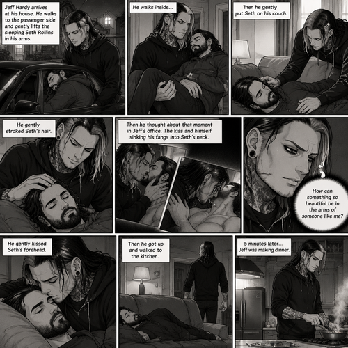 (Part 5 of the Vampire x human story) Jeff Hardy arrives at his house. He walks to the passenger side and gently lifts the sleeping Seth Rollins in his arms. He walks inside,Then he gently put Seth on his couch. He gently stroked Seth’s hair. Then he thought about that moment in Jeff’s office,The kiss and himself sinking his fangs into Seth’s neck. “How can something so beautiful be in the arms of someone like me?” Jeff asked himself. He gently kissed Seth’s forehead,Then he got up and walked to the kitchen. 5 minutes later,Jeff was making dinner