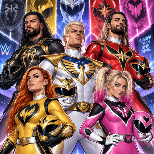 Seth Rollins,Roman Reigns,Cody Rhodes,Becky Lynch and Alexa Bliss becoming power rangers