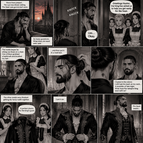 (Recap) Seth Rollins (The vampire hunter) woke up in a Royal bedroom,He finds a note on a nightstand that says “My little hunter,If you are reading this that means you’re awake,I had go out to do my royal duties,In case you’re wondering where you are,you’re in my castle completely safe,I bet you’re wondering why I took you here,I will explain everything soon,There’s going to be a royal feast tonight where I will announce who my bride is,I wish for you to be there,See you tonight my dear, Love Jon”,Then he walked to a mirror and gently traced the bite mark on his neck and wondered what the vampire king (Jon Moxley) wanted with him. (And now part 3). Hours have passed,the sun was slowly setting,The feast was gonna start soon. Seth was lost in thought,Then there was a knock on the door. He got up and opened it,The palace maids were there. “Greetings Hunter,Our king has asked us to help you get ready for the feast” said one of the maids. “Um….Okay” Said Seth. The maids walked in,They began by sitting Seth down on a chair,One of them grabbed a hairbrush and brushed his hair while the other maids went to get a fancy outfit together. After she was done brushing Seth’s hair the maid then put it in a neat bun. Seth looked in the mirror. The other maids were finished Getting Seth’s fancy outfit together. Seth puts it on