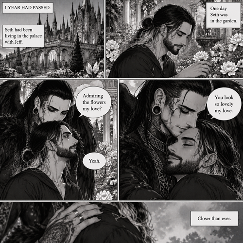 (Part 4 of the dark angel X human story). 1 year had passed,Jeff Hardy (The dark angel king) and Seth Rollins are more closer than ever. Seth had been living in the palace with Jeff. One day Seth was in the garden. Jeff walked behind him. “Admiring the flowers my love?” Jeff asked. Seth smiled softly. “Yeah” Seth said softly. Jeff gently pulled Seth in his embrace. “You look so lovely my love” Jeff said softly