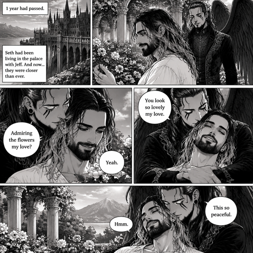(Part 4 of the dark angel X human story). 1 year had passed,Jeff Hardy (The dark angel king) and Seth Rollins are more closer than ever. Seth had been living in the palace with Jeff. One day Seth was in the garden. Jeff walked behind him. “Admiring the flowers my love?” Jeff asked. Seth smiled softly. “Yeah” Seth said softly. Jeff gently pulled Seth in his embrace. “You look so lovely my love” Jeff said softly. Seth hummed softly. “This so peaceful” Seth said softly