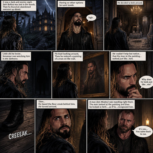 It was a dark and stormy night.Seth Rollins was lost in the woods,Then he found an abandoned mansion up ahead.Having no other options he went inside.He sighed heavily.He decided to look around,Little did he know…Someone was watching him in the darkness.He kept looking around,Then he noticed a painting of a man on the wall,He couldn’t help but notice…that the man in the painting…looked just like…him. “Why does he look just like…me?” Seth asked himself.Then…He heard the floor creak behind him,He turned around,A man (Jon Moxley) was standing right there.The man Looked at the painting and then he looked at Seth…..as if he….recognized him. “It’s you…You came back to me” The man said softly to Seth