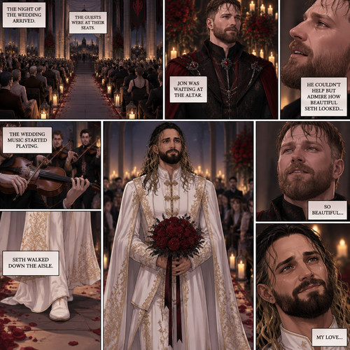 (Recap) Seth Rollins (The vampire hunter turned Bride of the Vampire king) Reunited with his long lost brother Aj Styles,Time skip to 3 days before the wedding,Seth and Jon Moxley (Vampire King) were still preparing,Aj helped out,The night before Aj had told Jon and Seth that he’s a werewolf,Seth and Jon were shocked but were happy that Aj was being honest with them,Seth was on the balcony Looking at the view and Looking nervous about the wedding,Jon appeared behind him checking in on him,“Can’t sleep?” Jon asked,“No” Said Seth,Jon wrapped his arms around him,“What’s on your mind?” Jon asked,”I’m just very nervous about our wedding,Don’t get me wrong I want to marry you…It’s just….what if I mess up? What if people don’t like me?…what if…..I’m not enough….for you?” Said Seth,”Look at me my love” Jon said softly,Seth looked up at him,”You’re not gonna mess up,I’ll be right with you,If people don’t like you they’ll have to deal with me,You ARE enough for me,You’re the only one I want,The ONLY one i love,You’re mine..and I’m yours,For eternity” Jon said softly,Seth’s heart fluttered,Jon kissed him softly,”I love you” Jon said Softly,”I love you too” Seth said softly,They kissed again. (And now part 9) The night of the wedding arrived,The guests were at their seats. Jon was waiting at the altar. The wedding music started playing. Seth walked down the aisle. Jon couldn’t help but admire how beautiful Seth looked
