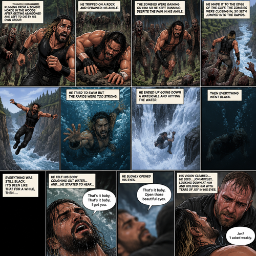 (Recap) Seth Rollins was running from a zombie horde in the woods after getting abandoned and left to die by his own group,He tripped on a rock and sprained his ankle,The zombies were gaining on him so he kept running despite the pain in his ankle,He made it to the edge of the cliff,The zombies were closing in,So Seth jumped into the rapids,He tried to swim but the rapids were too strong,He ended up going down a waterfall and hitting the water,Then everything went black. (And now part 2). Everything was still black. It’s been like that for a while,Then…..He felt his body coughing out water…and….he started to hear….A familiar voice fade in “That’s it baby,That’s it baby,I got you”. He slowly opened his eyes,The familiar voice spoke again “That’s it baby,Open those beautiful eyes”. Seth’s vision cleared….He sees….Jon Moxley..Looking down at him and holding him with tears of joy in his eyes. “Jon?” Seth asked weakly