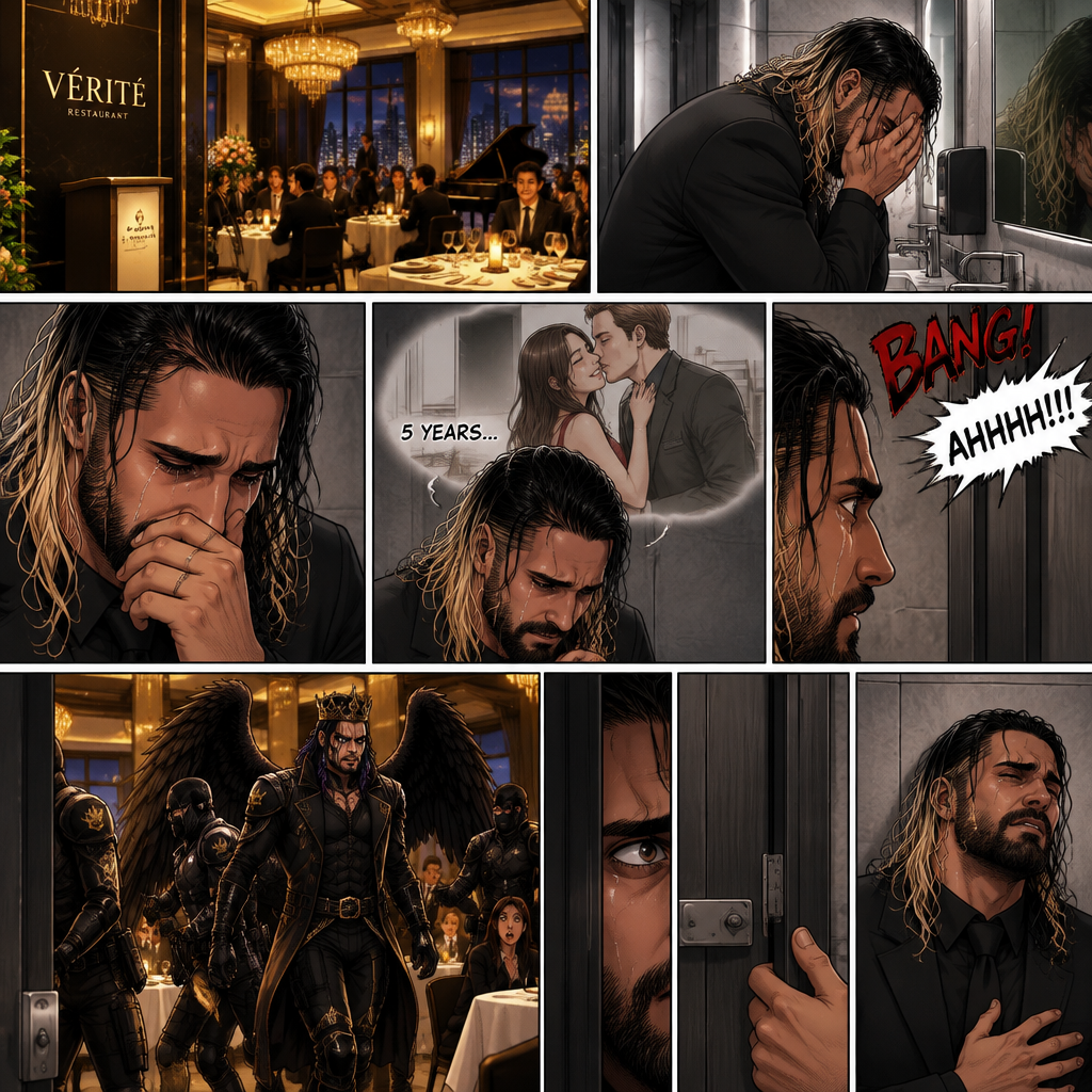 There’s a fancy restaurant,Someone was crying in the men’s bathroom,That someone…was Seth Rollins. He just found out his girlfriend of 5 years cheated on him with a guy from her work. He’s lost in thought about what to do,He was snapped out of his thoughts…when….he heard a loud bang followed by screams of terror outside the bathroom. “What’s was that?” Seth asked himself. He cracked the door open a bit to see what’s going on,There’s men dressed in some sort of black royal guard uniforms With dark angel wings bursting into the restaurant…wait…Dark angel wings?! A man in a black royal outfit with a crown on his head and dark angel wings (Jeff Hardy) was leading them,he looks like he’s…looking for someone. Seth quietly closed the bathroom door and locked it