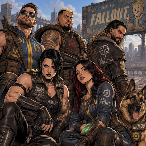 LA Knight,Solo Sikoa,Seth Rollins,Oba Femi,Rhea Ripley and Ari Stone (My wrestler oc) in fallout