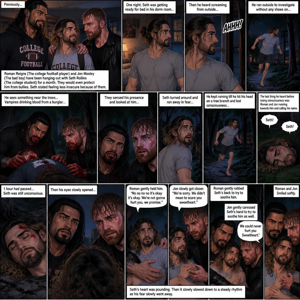 (Recap) Roman Reigns (The college football player) and Jon Moxley (The bad boy) have been hanging out with Seth Rollins (The college student) for a month,They would even protect him from bullies,Seth stated feeling less insecure because of them,one night he was getting ready for bed in his dorm room,then he heard screaming from outside,He ran outside to investigate without any shoes on,the screaming slowly stopped,He sees something near the trees,he walked closer,He sees vampires drinking blood from a burglar,they sensed his presence and looked at him,it was Roman and Jon,Seth turned around and ran away in fear,Roman and Jon called out after him,Seth kept running till he hit his head on a tree branch and lost consciousness,the last thing he heard before losing consciousness was Roman and Jon running towards him and calling his name. (And now part 3). 1 hour had passed,Seth was still unconscious. Then his eyes slowly opened,the first thing he sees was Roman and Jon looking down at him with worried looks on their faces. Seth’s fear returned and he tried to scramble away. Roman gently held him. “No no no no it’s okay it’s okay,We’re not gonna hurt you,we promise” Said Roman. Jon slowly got closer. “We’re sorry,We didn’t mean to scare you sweetheart” Jon said softly. Seth’s heart was pounding. Roman gently Rubbed Seth’s back to try to soothe him. Jon gently caressed Seth’s hand to try to soothe him as well. “We could never hurt you Sweetheart” Jon said softly. Seth’s heartbeat slowed down to a steady rhythm as Seth’s fear slowly went away. Roman and Jon Smiled softly