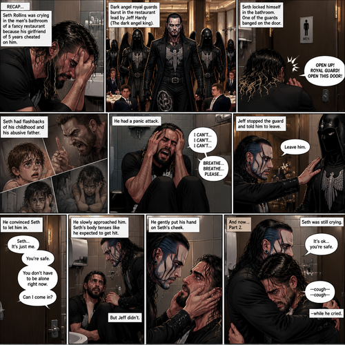 (Recap) Seth Rollins was crying in the men’s bathroom of a fancy restaurant because his girlfriend of 5 years cheated on him,then Dark angel royal guards burst in the restaurant lead by Jeff Hardy (The dark angel king),Seth locked himself in the bathroom,one of the guards banged on the door,Seth had flashbacks of his childhood and his abusive father,Seth had a panic attack,Jeff stopped the guard and told him to leave,He convinced Seth to let him in,He slowly approached him,Seth’s body tenses like he expected to get hit,Jeff gently put his hand on Seth’s cheek. (And now part 2). Seth was still crying. “It’s ok,you’re safe” Jeff said softly. He gently pulled Seth into his embrace. Seth coughed while he cried
