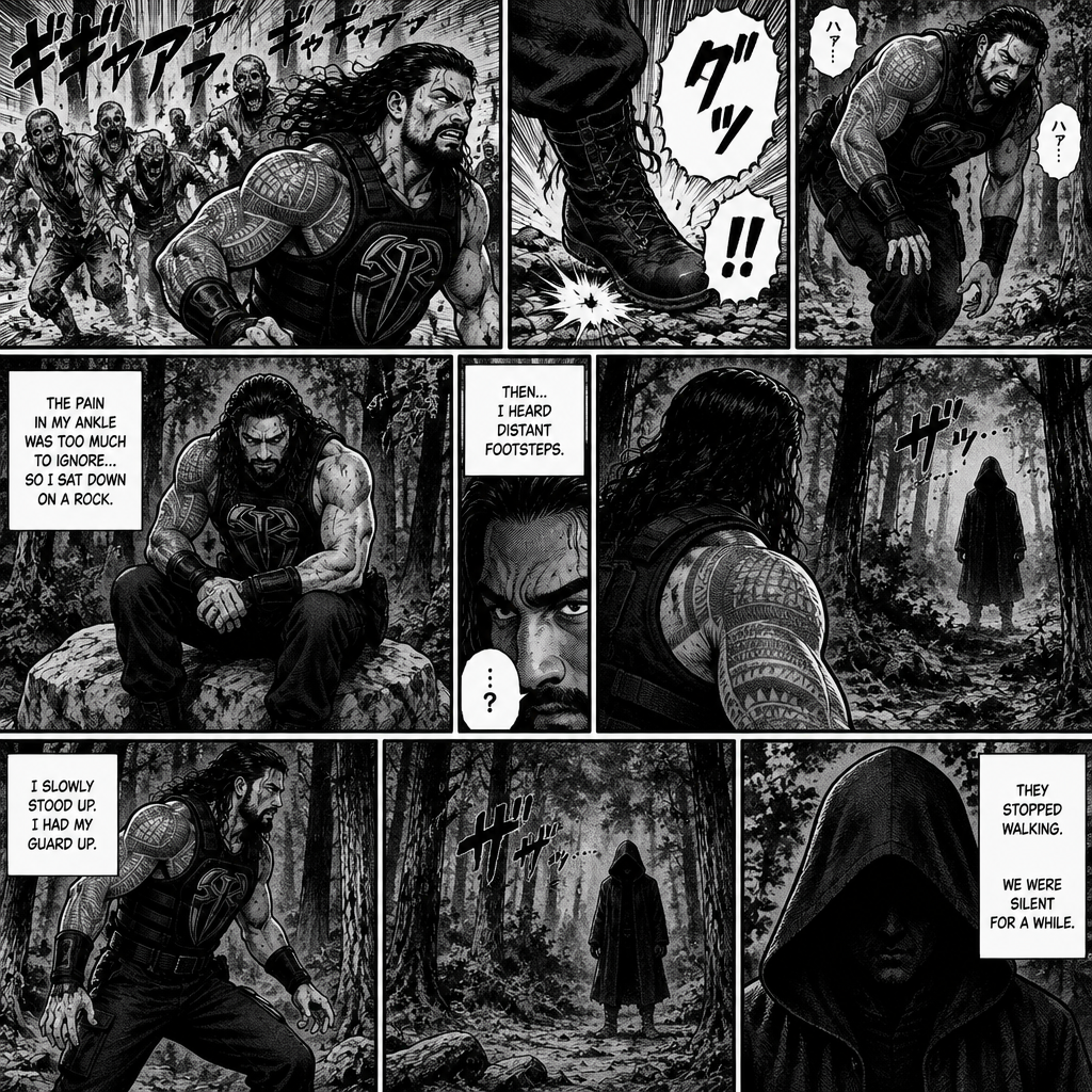 Roman Reigns is in a zombie apocalypse,He walking in the woods. He hurt his ankle while running away from a zombie horde. He’s far away from them and limping in the woods. The pain in his ankle was too much to ignore so he sat down on a rock,he sat there for a while….then….he heard distant footsteps. He looked behind him. There’s a hooded figure in the distance. He slowly stood up,he had his guard up. The hooded figure stopped walking. They were silent for a while