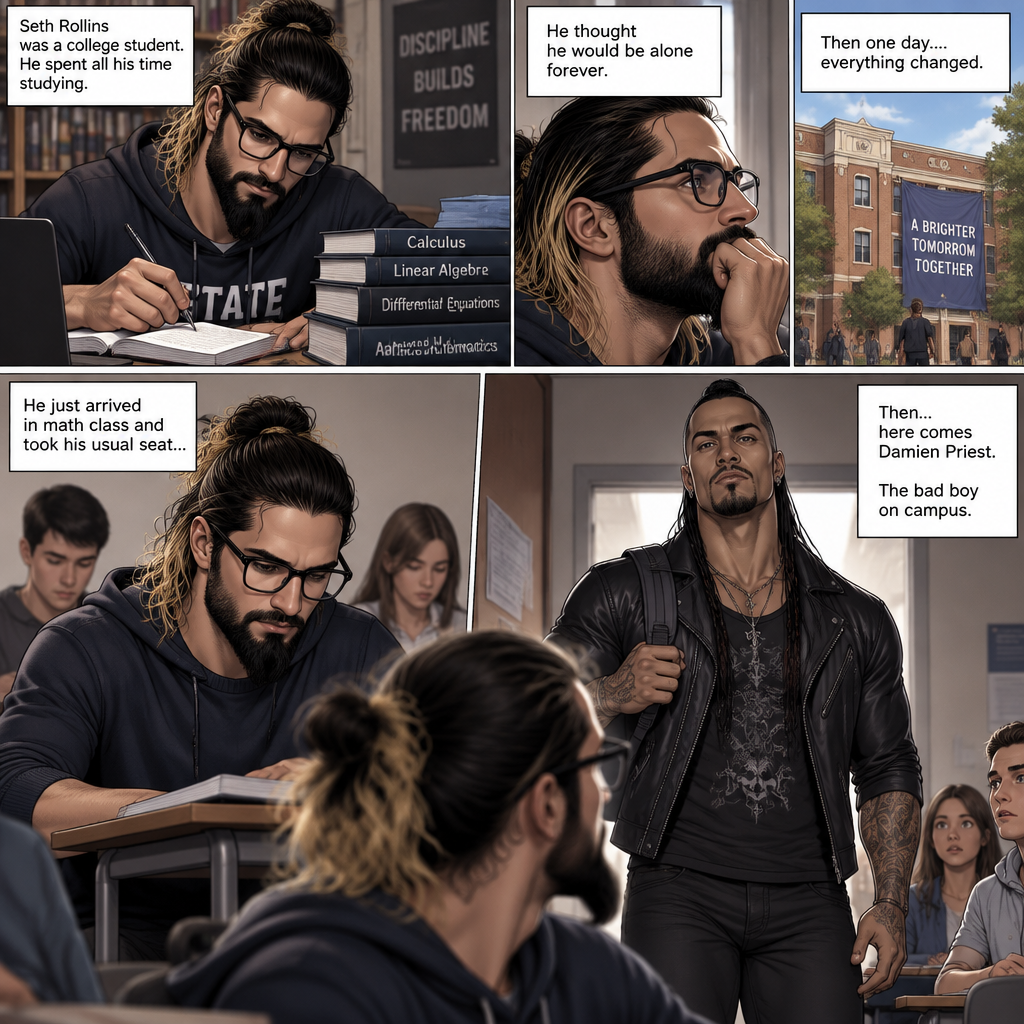 Seth Rollins was a college student,He spent all his time studying. He thought he would be alone forever,Then one day….everything changed. He just arrived in math class and took his usual seat…Then…here comes Damien Priest,The bad boy on campus