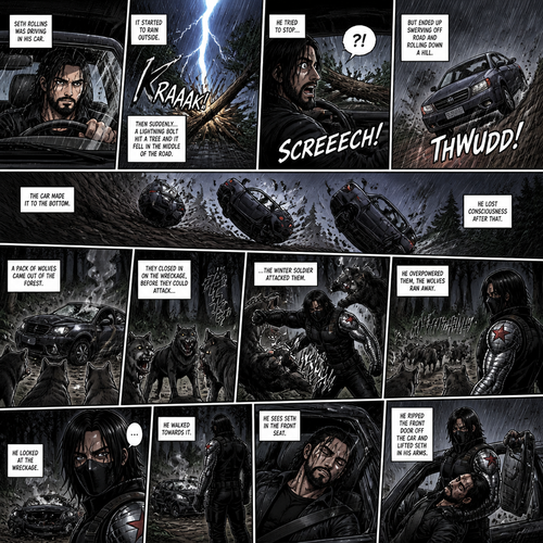 Seth Rollins was driving in his car,It started to rain outside.Then suddenly a lightning bolt hit a tree and it fell in the middle of the road.He Tried to stop…But ended up swerving off road and rolling down a hill.The car made it to the bottom,He lost consciousness after that.A pack of wolves came out of the forest,They closed in on the wreckage,Before they could attack…the winter soldier attacked them.He overpowered them,The wolves ran away.He looked at the wreckage,He walked towards it,He Sees Seth in the front seat,He ripped the front door off the car and lifted Seth in his arms