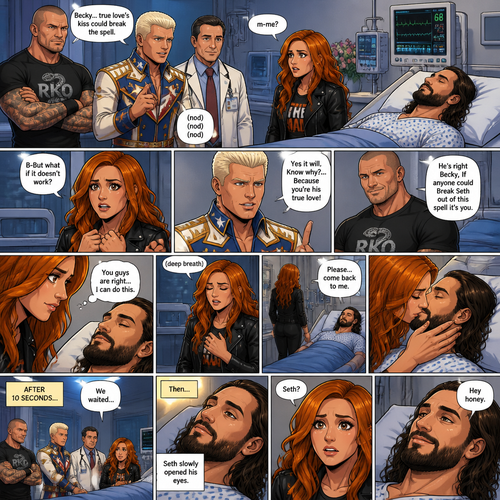 Part 3 of the Enchanted apple story.Seth Rollins is still unconscious at the hospital.Randy Orton,Cody Rhodes and the doctor were looking at Becky Lynch after Cody got the idea that true love’s kiss could break the spell. “m-me?” Asked Becky.Randy,Cody and the doctor nodded in response. “B-But what if it doesn’t work?” Asked Becky. “Yes it will,Know why?…Because you’re his true love!” Said Cody. “He’s right Becky,If anyone could Break Seth out of this spell it’s you” Said Randy.She looks at Seth’s sleeping face.She nodded to her self. “You guys are right…I can do this” said Becky.She took a deep breath,Walked to Seth and leaned forward to him. “Please…come back to me” Becky said quietly,Then…she gently kissed him.After 10 seconds she stopped.They waited…Then…Seth slowly opened his eyes.The first face he saw was Becky’s.”Seth?” Asked Becky. Seth smiled softly at her. “Hey honey” Seth said softly