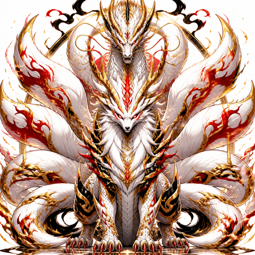Fuse, loung dragon, 9 tail fox has  all the best appearance from, loung dragon, 9 tail fox. Only show final product. Colors white,gold,red, black. Front view
