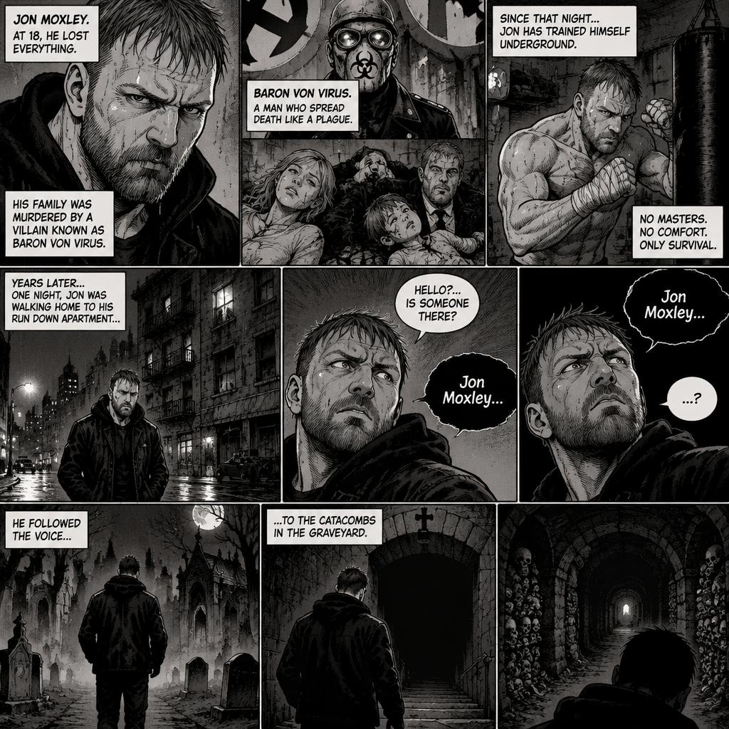 Jon Moxley as a vigilante born from tragedy. When he was 18 years old his family was murdered by a villain known as Baron Von Virus. Since then he had been training himself underground. One night he was walking home to his run down apartment…then he heard a mysterious voice call out his name. “Hello?…Is someone there?” Jon asked. It called out his name again. He followed the voice to the catacombs in the graveyard