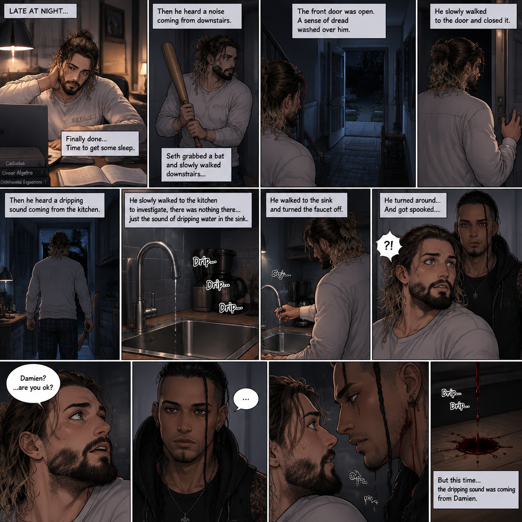 (Recap) Seth Rollins (College student) Arrives at math class and sits at his usual desk,Damien Priest (The bad boy) arrives as well,He sits on the desk next to Seth,Seth was focusing on the math lesson…Damien wasn’t,He was only focusing on Seth like he was the most beautiful angel he’s ever seen,”So beautiful” Damien thought in his mind,After class ended Seth was at his locker when suddenly Damien appeared behind him startling Seth. (And now part 2). It was late at night,Seth just finished studying in his college house. He was about to turn in for the night….Then he heard a noise coming from downstairs. He grabbed a bat and slowly walked downstairs…the front door was open. A sense of dread washed over him. The slowly walked to the door and closed it,Then he heard a dripping sound coming from the kitchen. He slowly walked to the kitchen to investigate,there was nothing there…just the sound of dripping water in the sink,He sighed and walked to the sink and turned the faucet off. He turned around….And got spooked….Damien was standing right behind him. Damien was staring right at Seth with a blank expression on his face. “Damien?…are you ok?” Seth asked. Damien didn’t say anything…he just kept staring. There was a dripping sound again…but this time…it was coming from Damien