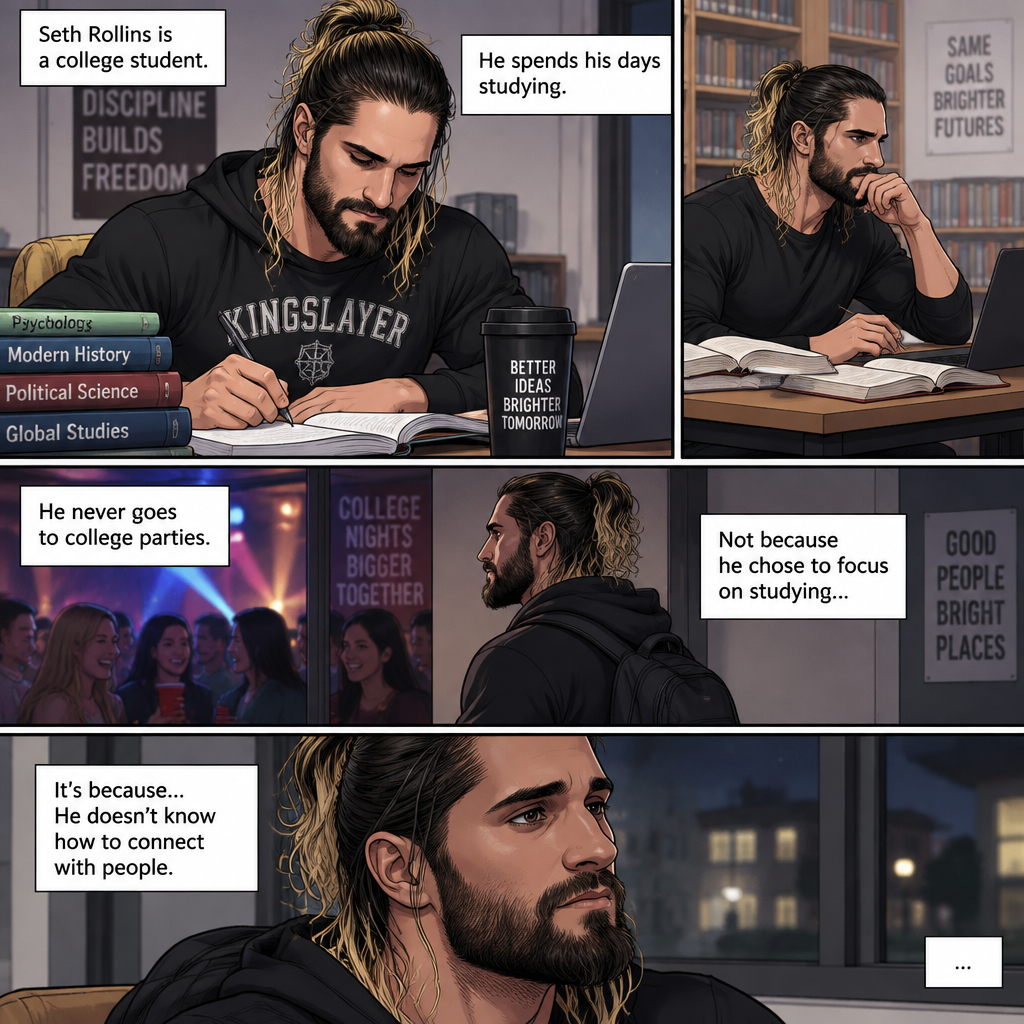 Seth Rollins is a college student. He spends his days studying,He never goes to college parties. Not because he chose to focus on studying….It’s because…He doesn’t know how to connect with people