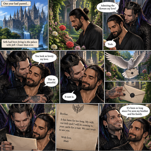 (Part 4 of the dark angel X human story). 1 year had passed,Jeff Hardy (The dark angel king) and Seth Rollins are more closer than ever. Seth had been living in the palace with Jeff. One day Seth was in the garden. Jeff walked behind him. “Admiring the flowers my love?” Jeff asked. Seth smiled softly. “Yeah” Seth said softly. Jeff gently pulled Seth in his embrace. “You look so lovely my love” Jeff said softly. Seth hummed softly. “This so peaceful” Seth said softly. “It sure is” Jeff said softly. Then a messenger bird flew in with a letter. Jeff gently picked up the letter and opened it,It was from his brother Matt saying that he and his wife and kids are coming to Jeff’s castle for a visit. Seth looked at the letter too. Jeff smiled,it had been so long since he’s seen his brother and his family