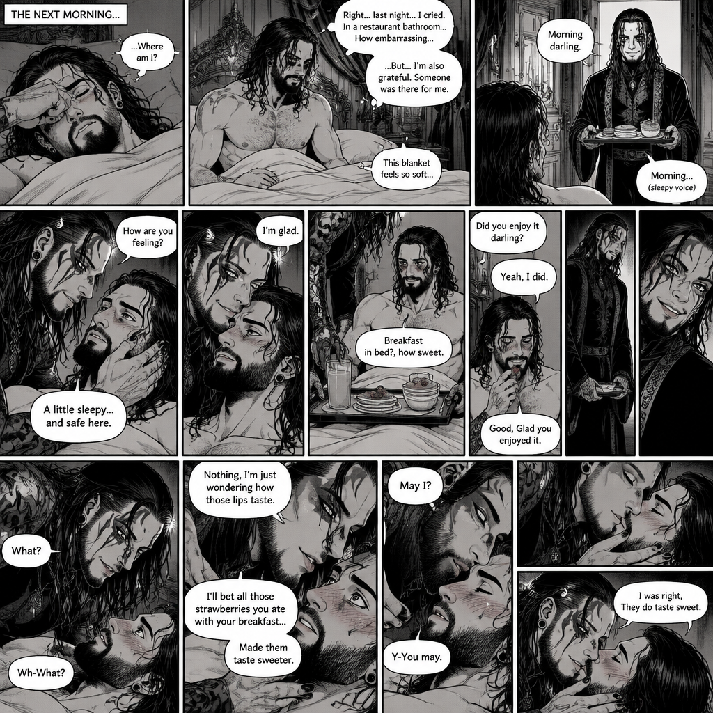(Recap) Jeff Hardy (The dark angel king) was comforting Seth Rollins in the men’s bathroom of a fancy restaurant after Seth had a panic attack after flashbacks about his childhood and his abusive father,Jeff gently pulled Seth into his embrace,He gently rubbed Seth’s back to try to soothe him while Seth was coughing and crying,After about a minute Seth slowly stopped crying and his body relaxed in Seth’s arms,Jeff was relieved,Jeff slowly picked Seth up in his arms,he walked out of the restaurant,spread his wings and took flight,Seth held on tight. (And now part 3). The next morning,Seth was asleep in Jeff’s royal bedroom,After awhile he woke up. He slowly sat up,then he rubbed his eyes. He looked at his surroundings,Then memories of last night flashed in his mind. He was a bit embarrassed that he cried in the bathroom…but on the other hand he was grateful that someone was there for him. The blanket on him feels so soft,Then the door opened,Jeff walked in with a trey of food in his hands. “Morning darling” said Jeff. “Morning” Seth said in a sleepy voice. Jeff put the trey of food on the nightstand,then he Gently caressed Seth’s cheek. “How are you feeling?” Jeff asked softly. “A little sleepy…and safe here” Seth said. Jeff smiled softly. “I’m glad” said Jeff. He gently kissed Seth’s forehead,Then he carefully picked up the trey of food and carefully placed it on Seth’s lap. “Breakfast in bed?,how sweet” Said Seth. Seth started eating. After a while Seth finished eating. “Did you enjoy it darling?” Jeff asked softly. “Yeah,I did” Said Seth. “Good,Glad you enjoyed it” Said Jeff. Jeff took the empty trey off Seth’s lap,Then he turned around and looked at Seth….with a seductive look on his face. “What?” Asked Seth. Jeff slowly walked over to the bed in a seductive manner. “Nothing,I’m just wondering how those lips taste” Jeff said in a seductive voice. Seth blushed. “Wh-What?” Seth asked nervously. Jeff was now on top of Seth. “I’ll bet all those strawberries you ate with your breakfast…” Jeff paused to trace his fingers on Seth’s lips,”Made them taste sweeter” Jeff continued. Seth was flustered. Jeff slowly leaned forward towards Seth. “May I?” Jeff asked softly. Seth’s heart fluttered. “Y-You may” Seth said softly. Jeff then softly kissed Seth. “I was right,They do taste sweet” Jeff softly. Jeff kissed Seth again. (End of part 3)