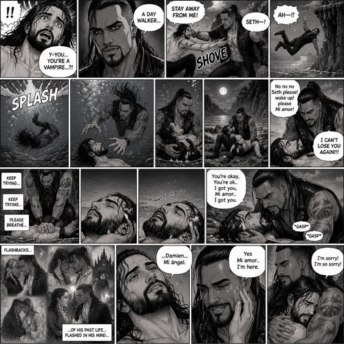 Part 6.Seth Rollins got scared after discovering that the mysterious man (WWE superstar Damien Priest) is a day walker vampire. Seth shoved the man off him…which caused Seth to Stumble and fall off the cliff backwards,Then he hit the water and lost consciousness after. The man was horrified and dived into the water to save Seth,He managed to reach him. He then swam up to the shore with Seth in his arms,He gently put Seth down on the shore. The man panicked,He thought he was gonna lose Seth..again. “No no no Seth please! wake up!please Mi amor! I CAN’T LOSE YOU AGAIN!!!” Said the man. The man then started CPR on Seth hoping he could save him. He kept trying and trying…then…Seth Spat out water and coughed. The man was very relieved,He gently pulled Seth in his embrace while Seth was catching his breath. “You’re okay,You’re ok..I got you,Mi amor..I got you” The man Said softly. As Seth was catching his breath…Flashbacks…of his past life…flashed in his mind. After a while Seth looked up at….The love of his past life..and said his name “Damien…Mi ángel”. Damien was happy that Seth remembered him at long last.,He gently stroked his cheek. “Yes Mi amor..I’m here” Damien said softly. Seth hugged and Damien and cried. “I’m sorry! I’m so sorry!” Seth said through his tears