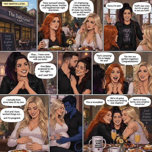 (Part 2 of the Werewolf X human story). It’s been two months since the night Becky Lynch and Her friends Charlotte Flair and Bayley saved the Man (Seth Rollins). They haven’t seen him since. Becky and charlotte were having brunch at a cafe,They were talking about the recent werewolf attacks. Then Bayley showed up late….with a happy grin on her face. She apologized for being late and sat at the table. Then she said she’s has some exciting news to share with the two of them….Finn Bálor proposed to her last night…and she said yes. Becky and Charlotte were happy and excited for Bayley. Then Charlotte said she’s has some news of her own. She and her husband (Kurt Wagner a.k.a nightcrawler) have worked it out…and She’s pregnant. Becky and Bayley were happy and excited for Charlotte.