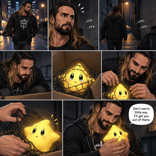 Seth Rollins was having a stroll down the street at night,then…he heard a small crying sound. He followed the sound to an alleyway. At first he didn’t see anything…then he heard the small crying noise coming from a box. He looked inside…he couldn’t believe it…it was a star (Luma). It was tangled up in a net. He got over his shock. “Don’t worry little one,I’ll get you out of there” said Seth. He gently untangled the net off Luma and gently picked  him