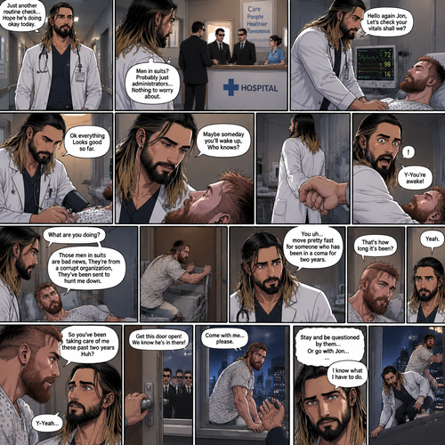 Seth Rollins is a Doctor. He had been looking after a patient (Jon Moxley) who had been in a coma for two years. One day he was walking to Jon’s room,Then he saw men in suits at the front desk. He thought nothing of it and kept walking. He entered Jon’s room. “Hello again Jon,Let’s check your vitals shall we?” Said Seth. He checks Jon’s vitals. “Ok everything Looks good so far” said Seth. He looked at Jon’s face. “Maybe someday you’ll wake up,Who knows?” Said Seth. He got up to leave the room….But a hand grabbed a hold of his wrist. Seth gasped. It was Jon,He’s wide awake and Looking at Seth. “Y-You’re awake” Said Seth. Then Jon carefully got up,Looked out the door and noticed the men in suits. His eyes widened and he shut the door and locked it. “What are you doing?” Seth asked. Jon spoke for the first time since the coma “Those men in suits are bad news,They’re from a corrupt organization,They’ve been sent to hunt me down”. Seth Fell silent,Processing what Jon just said. Jon moved quickly to barricade the door. “You uh…move pretty fast for someone who has been in a coma for two years” said Seth. Jon fell silent while processing that information. “That’s how long it’s been?” Jon asked. Seth nodded slowly. Jon walked slowly toward Seth. “So you’ve been taking care of me these past two years Huh?” Said Jon. Seth got nervous. “Y-Yeah” Seth said Nervously. Then one of the men in suits tried to open the locked and Barricaded door. Jon quickly ran to the window and opened it. He looked at Seth,Then he held out his hand. “Come with me…please” said Jon. Seth thought about it for a bit,Will he Stay and be questioned by the men in suits..Or go with Jon. He ultimately decided….To go with Jon