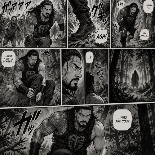 Roman Reigns is in a zombie apocalypse,He walking in the woods. He hurt his ankle while running away from a zombie horde. He’s far away from them and limping in the woods. The pain in his ankle was too much to ignore so he sat down on a rock,he sat there for a while….then….he heard distant footsteps. He looked behind him. There’s a hooded figure in the distance. He slowly stood up