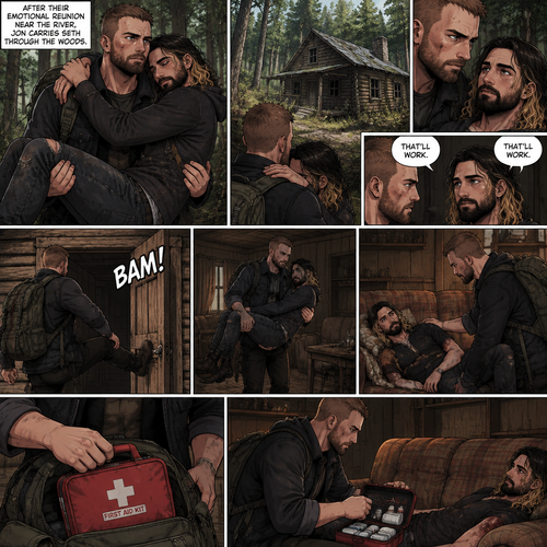 (Part 5). Still in the zombie apocalypse. Jon Moxley was walking in the woods while Holding Seth Rollins in his arms after emotional reunion near the river. Seth was resting his head on Jon’s shoulder while holding on. Jon looked ahead and he sees an abandoned Cabin. Seth Sees it too. Jon and Seth looked at each other,Then they looked back at the cabin. “That’ll work” Jon and Seth said in unison. Jon walked to the cabin,Then he kicked the door open and walked inside. He gently put Seth down on the couch. He reached into his bag and pulled out a first aid kit
