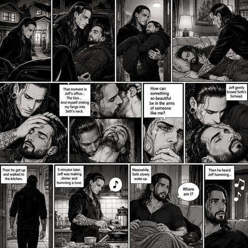 (Part 5 of the Vampire x human story) Jeff Hardy arrives at his house. He walks to the passenger side and gently lifts the sleeping Seth Rollins in his arms. He walks inside,Then he gently put Seth on his couch. He gently stroked Seth’s hair. Then he thought about that moment in Jeff’s office,The kiss and himself sinking his fangs into Seth’s neck. “How can something so beautiful be in the arms of someone like me?” Jeff asked himself. He gently kissed Seth’s forehead,Then he got up and walked to the kitchen. 5 minutes later,Jeff was making dinner and humming a tune. Meanwhile,Seth slowly woke up,He sat up and looked at his surroundings. “Where am I?” Seth asked himself,Then he heard Jeff humming