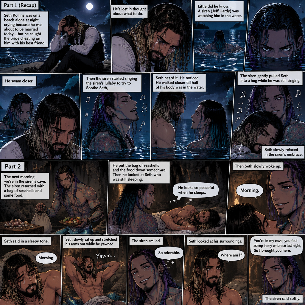 (Recap)Seth Rollins was on a beach alone at night crying because He was about to be married today….but he caught the bride cheating on him with his best friend,He’s lost in thought about what to do,Little did he know…..A siren (Jeff Hardy) was watching him in the water,he swam closer,Then the siren started singing the siren’s lullaby to try to Soothe Seth,Seth heard it,He noticed. He walked closer till half of his body was in the water,The siren gently pulled Seth into a hug while he was still singing,Seth slowly relaxed in the siren’s embrace. (And now part 2) The next morning,we’re in the siren’s cave,Seth was asleep in some sort of makeshift bed. The siren returned with a bag of seashells and some food. He put the bag of seashells and the food down somewhere,Then he looked at Seth who was still sleeping. “He looks so peaceful when he sleeps” Said the siren. Then Seth slowly woke up. “Morning” The Siren said softly. “Morning” Seth said in a sleepy tone. Seth slowly sat up and stretched his arms out while he yawned. The siren smiled. “So adorable” the siren said in his mind. Seth looked at his surroundings. “Where am I?” Seth asked softly. “You’re in my cave,you feel asleep in my embrace last night,So I brought you here” The siren said softly